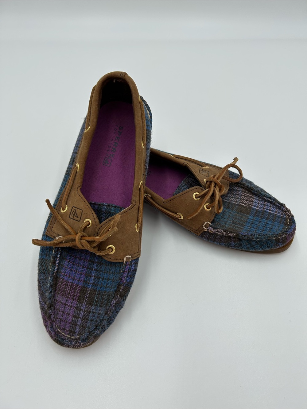Sperry Plaid Moccasin Loafers in Brown, Blue and Purple 10